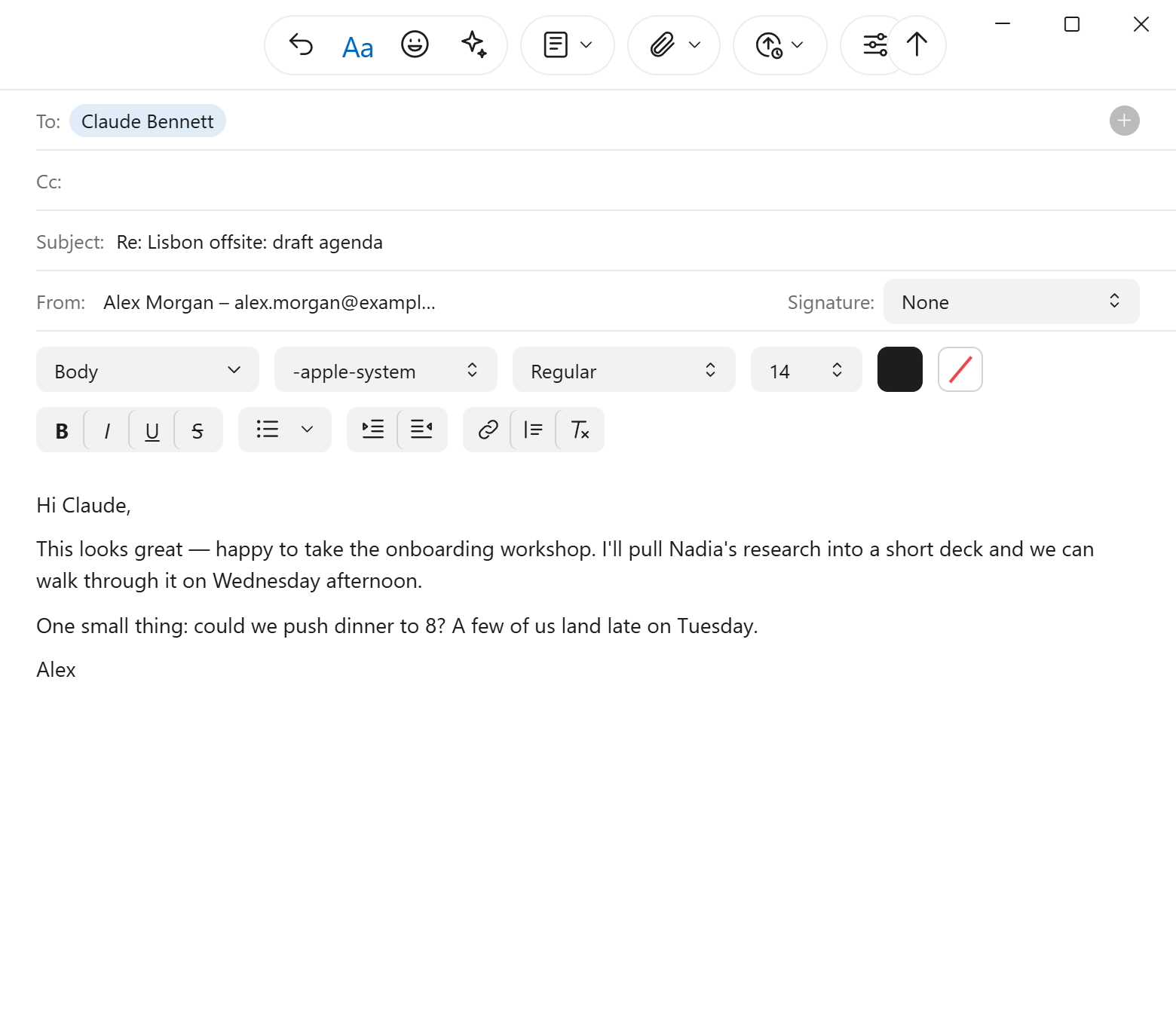 A reply to Claude Bennett in the compose window.