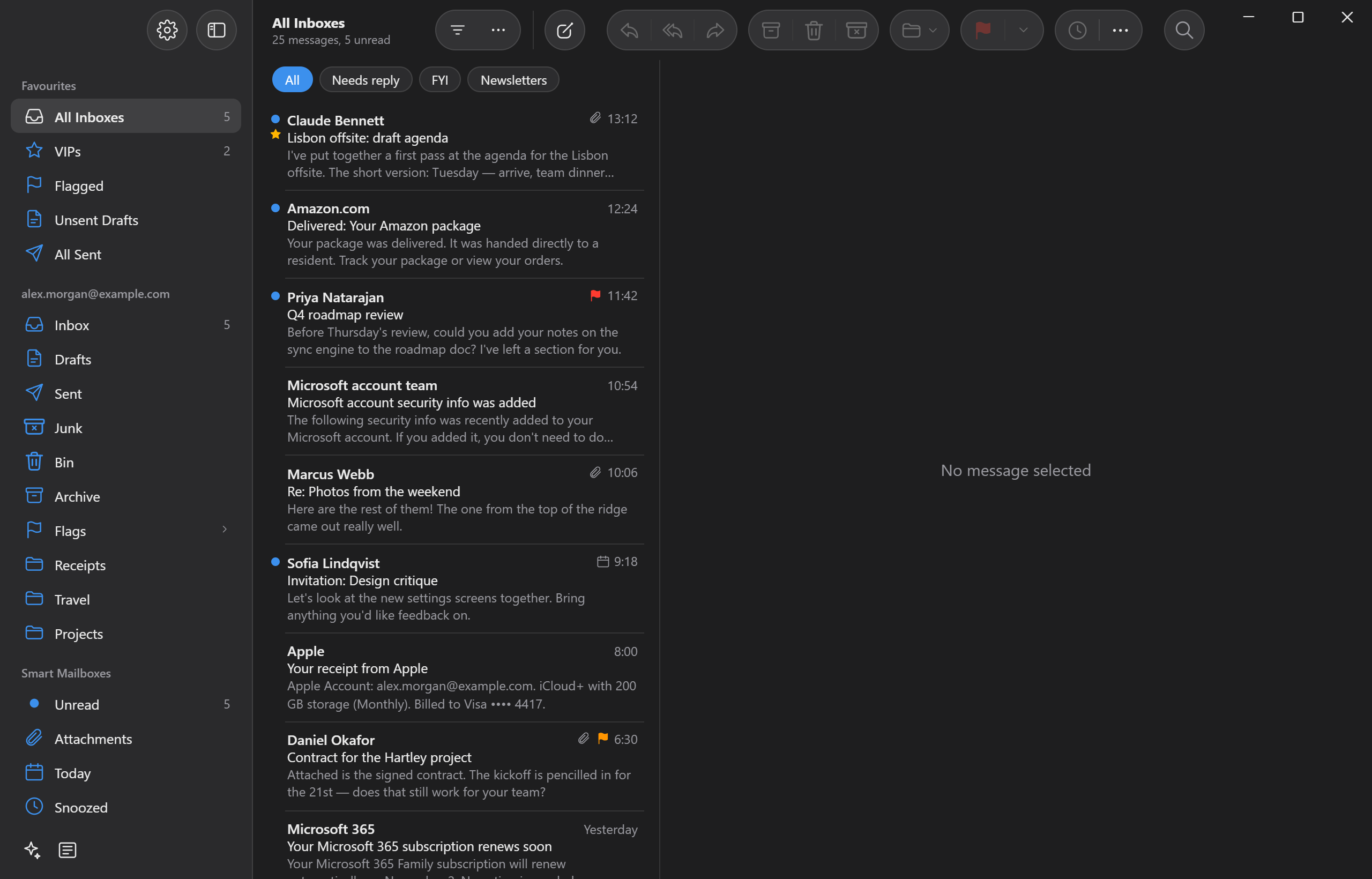 The AltMail inbox in dark mode.