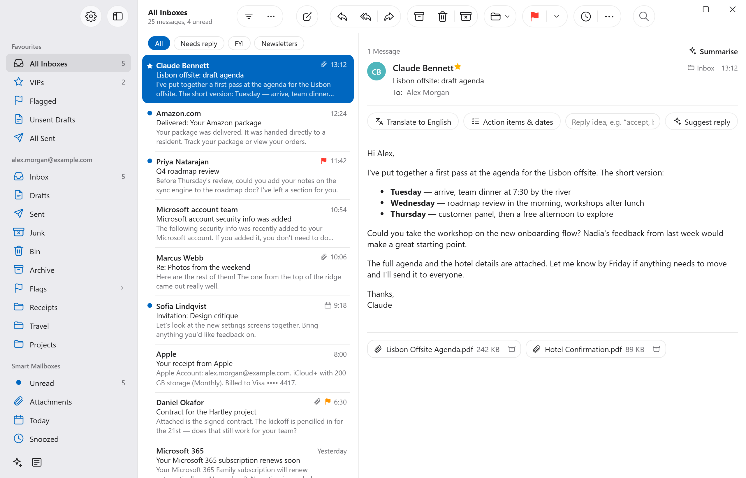 AltMail showing an inbox with a message from Claude Bennett open in the reading pane.